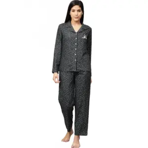 Women's Casual Full Sleeves Polka Dot Printed Rayon Shirt With Pyjama Pant Night Suit Set (Grey)