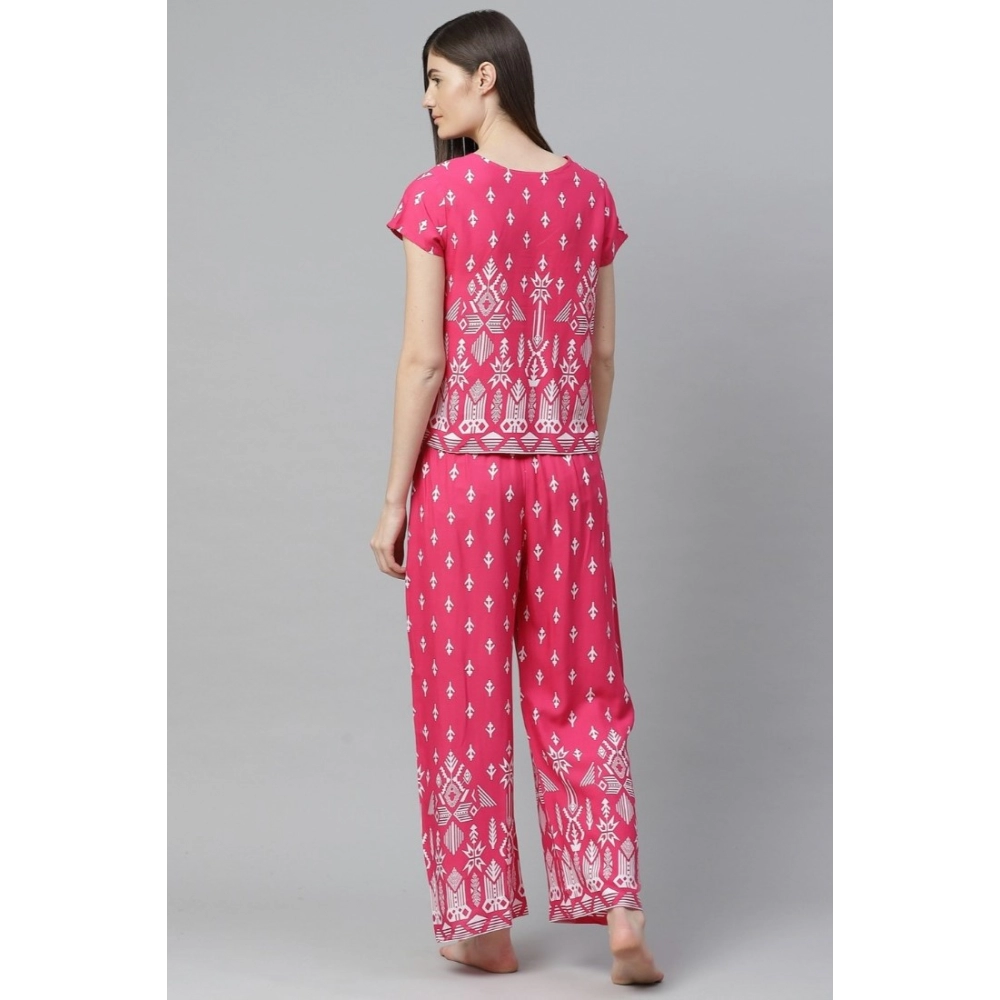 Women's Casual Short Sleeve Printed Rayon Pajama Set (Pink) - Image 2