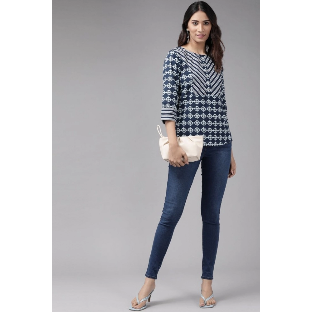 Women's Casual 3/4 th Sleeve Floral Printed Cotton Top (Blue) - Image 3