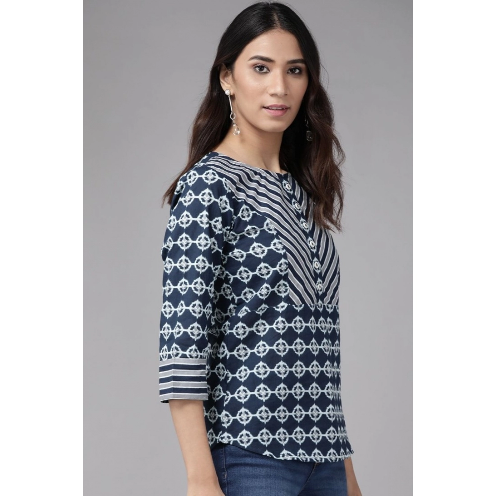 Women's Casual 3/4 th Sleeve Floral Printed Cotton Top (Blue) - Image 5