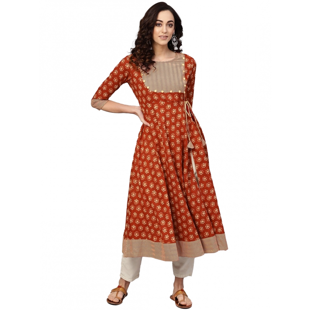 Women's Casual 3/4 th Sleeve Floral Printed Cotton Slub Kurti (Brown)