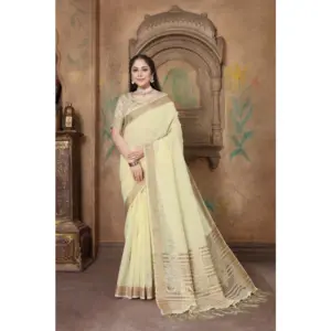 Women's Soft Linen Striped Saree With Unstitched Blouse (Off-White, 5-6 Mtrs)