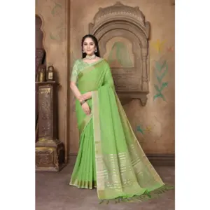 Women's Soft Linen Striped Saree With Unstitched Blouse (Green, 5-6 Mtrs)
