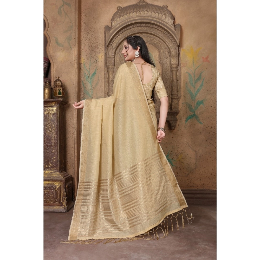 Women's Soft Linen Striped Saree With Unstitched Blouse (Beige, 5-6 Mtrs) - Image 3