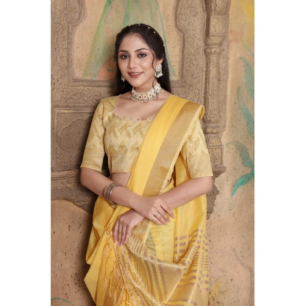 Women's Soft Linen Striped Saree With Unstitched Blouse (Yellow, 5-6 Mtrs) - Image 2