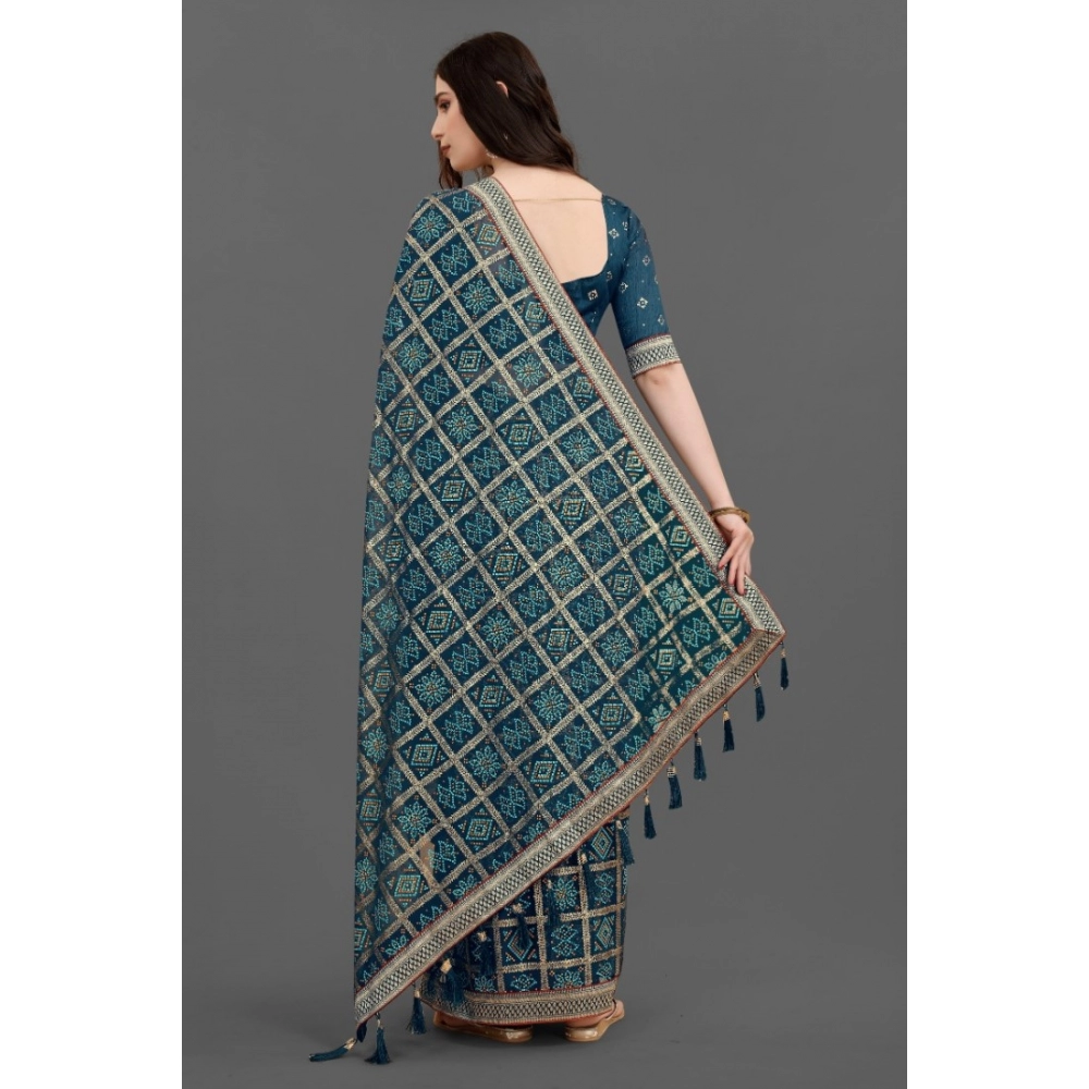 Women's Soft Silk Printed Saree With Unstitched Blouse (Teal, 5-6 Mtrs) - Image 4