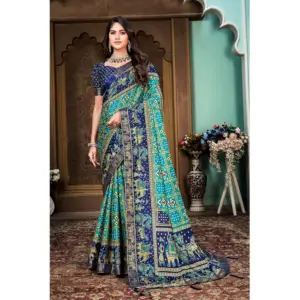 Women's Soft Silk Printed Saree With Unstitched Blouse (Rama, 5-6 Mtrs)