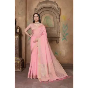 Women's Soft Linen Striped Saree With Unstitched Blouse (PInk, 5-6 Mtrs)
