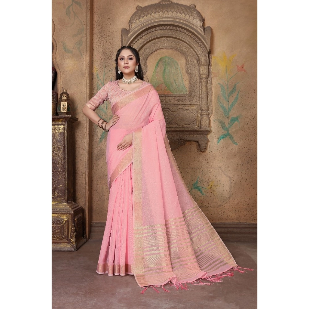 Women's Soft Linen Striped Saree With Unstitched Blouse (PInk, 5-6 Mtrs)