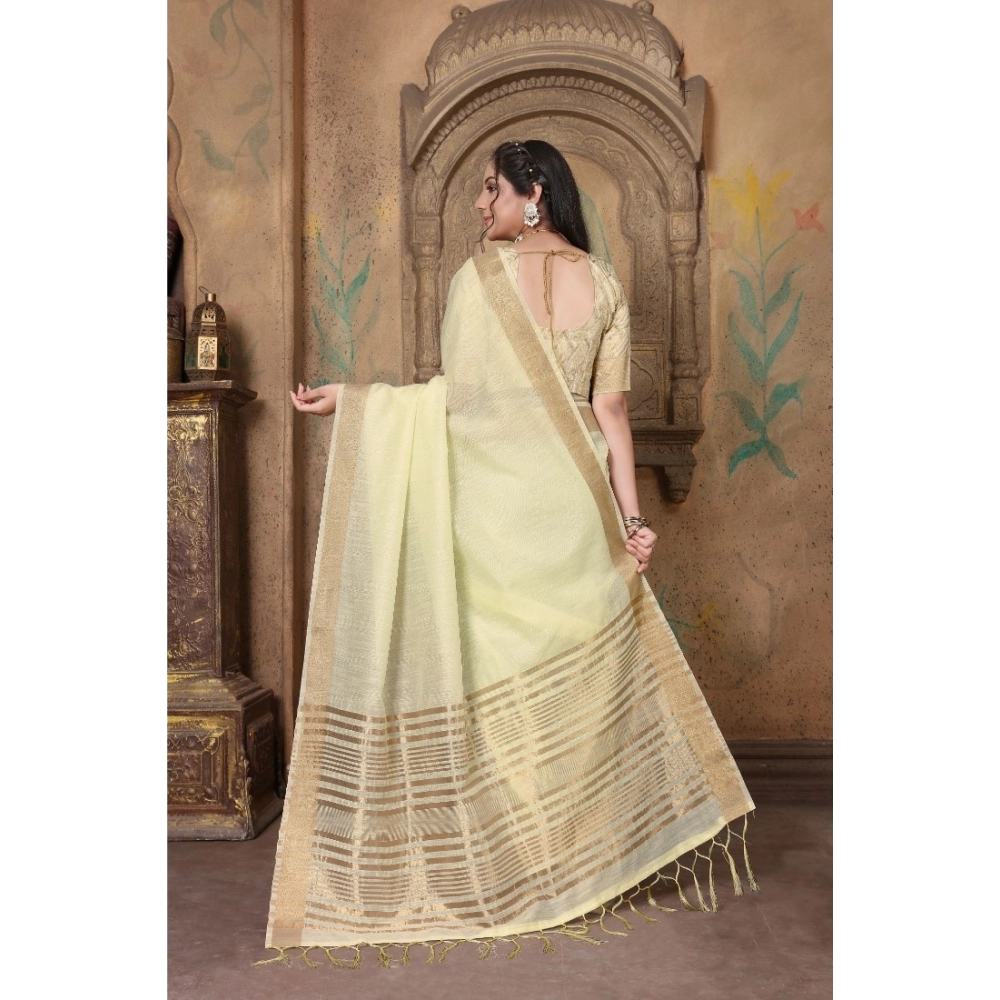 Women's Soft Linen Striped Saree With Unstitched Blouse (Off-White, 5-6 Mtrs) - Image 3