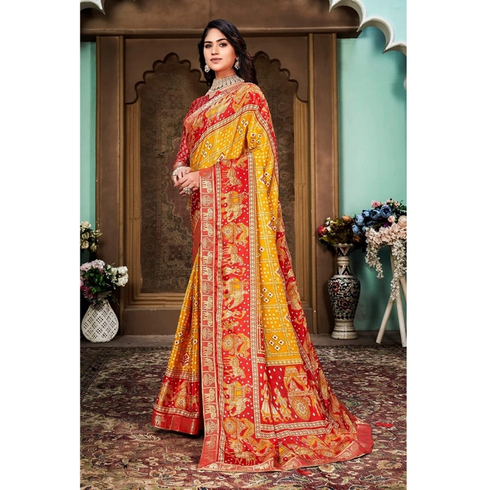 Women's Soft Silk Printed Saree With Unstitched Blouse (Yellow, 5-6 Mtrs) - Image 2