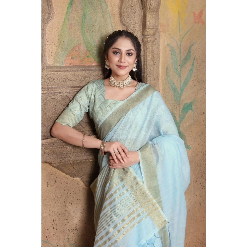 Women's Soft Linen Striped Saree With Unstitched Blouse (Sky Blue, 5-6 Mtrs) - Image 2
