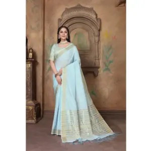 Women's Soft Linen Striped Saree With Unstitched Blouse (Sky Blue, 5-6 Mtrs)