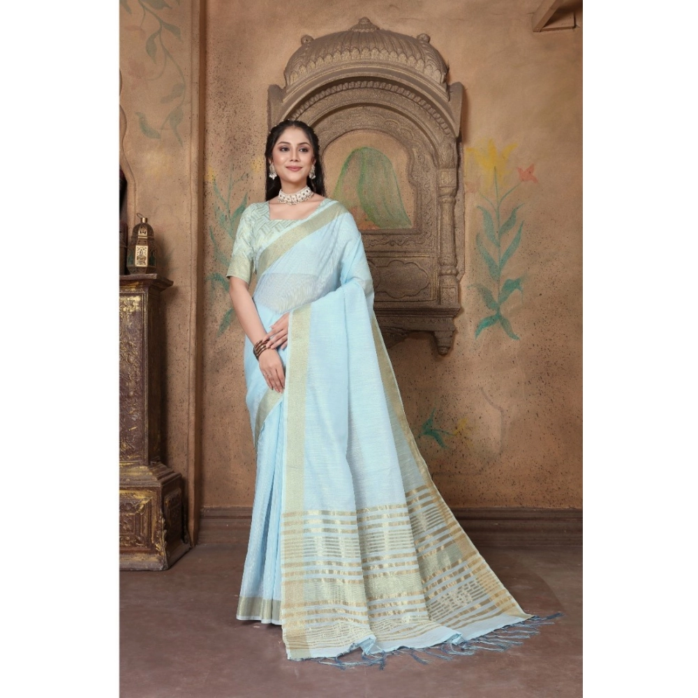 Women's Soft Linen Striped Saree With Unstitched Blouse (Sky Blue, 5-6 Mtrs)