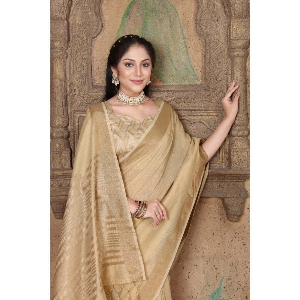 Women's Soft Linen Striped Saree With Unstitched Blouse (Beige, 5-6 Mtrs) - Image 2