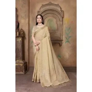 Women's Soft Linen Striped Saree With Unstitched Blouse (Beige, 5-6 Mtrs)