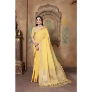 Women's Soft Linen Striped Saree With Unstitched Blouse (Yellow, 5-6 Mtrs)