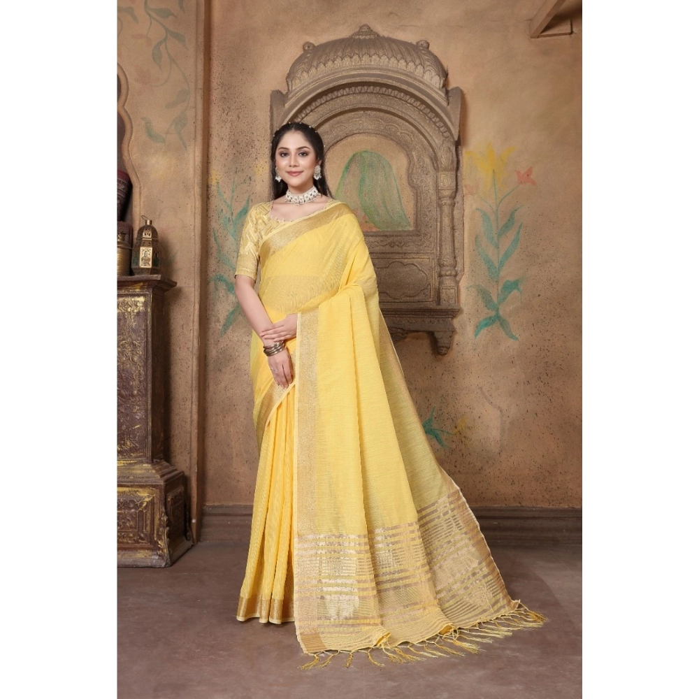 Women's Soft Linen Striped Saree With Unstitched Blouse (Yellow, 5-6 Mtrs)