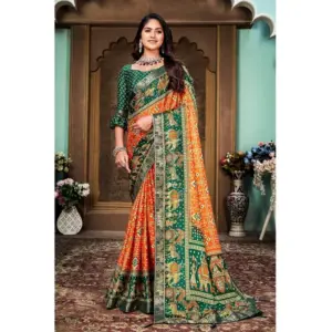 Women's Soft Silk Printed Saree With Unstitched Blouse (Orange, 5-6 Mtrs)