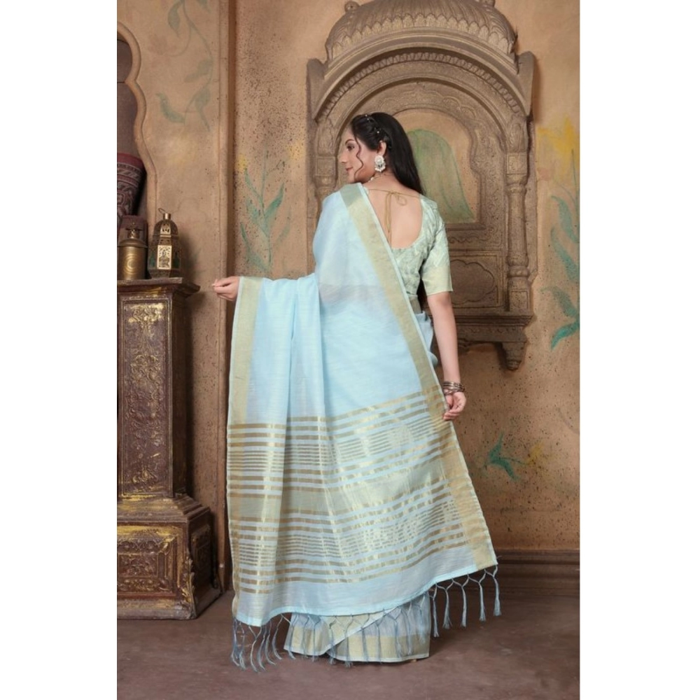 Women's Soft Linen Striped Saree With Unstitched Blouse (Sky Blue, 5-6 Mtrs) - Image 3