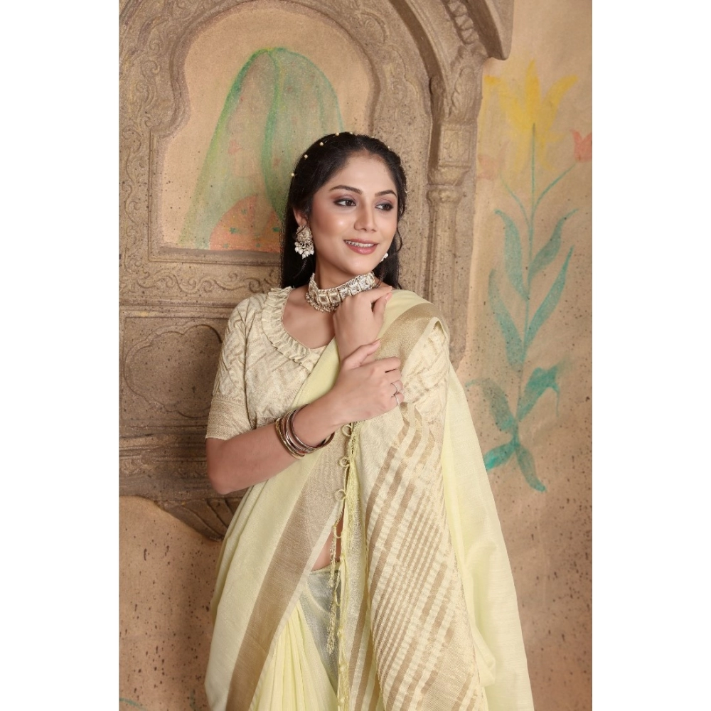 Women's Soft Linen Striped Saree With Unstitched Blouse (Off-White, 5-6 Mtrs) - Image 2