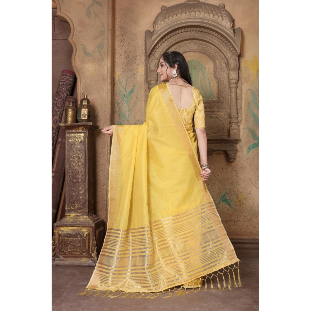 Women's Soft Linen Striped Saree With Unstitched Blouse (Yellow, 5-6 Mtrs) - Image 3