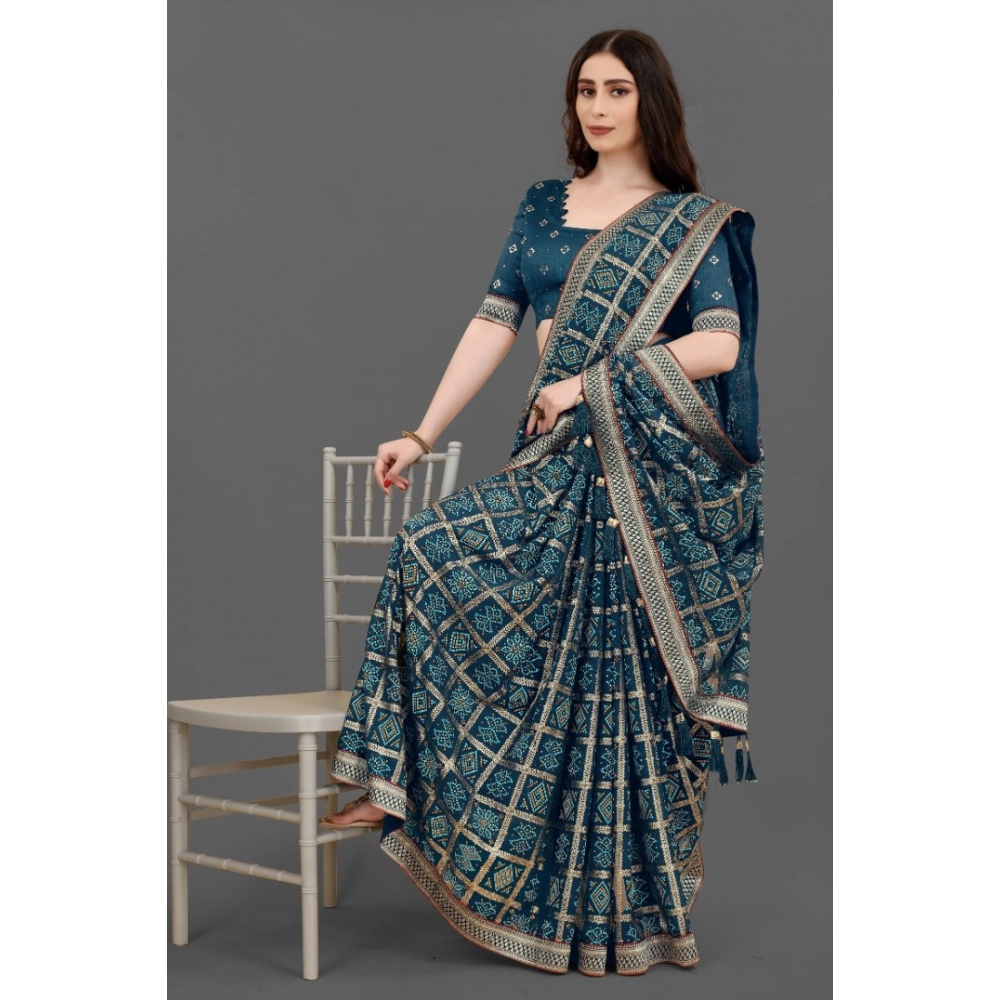 Women's Soft Silk Printed Saree With Unstitched Blouse (Teal, 5-6 Mtrs) - Image 3