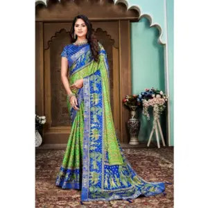 Women's Soft Silk Printed Saree With Unstitched Blouse (Green, 5-6 Mtrs)