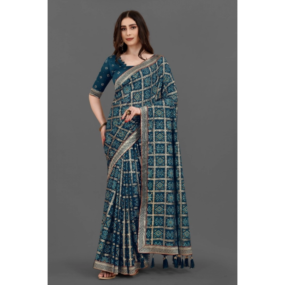 Women's Soft Silk Printed Saree With Unstitched Blouse (Teal, 5-6 Mtrs) - Image 2