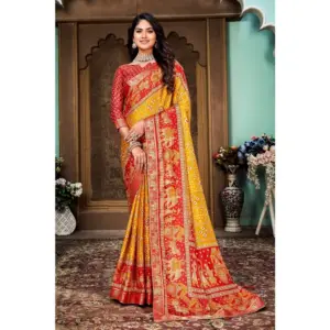 Women's Soft Silk Printed Saree With Unstitched Blouse (Yellow, 5-6 Mtrs)