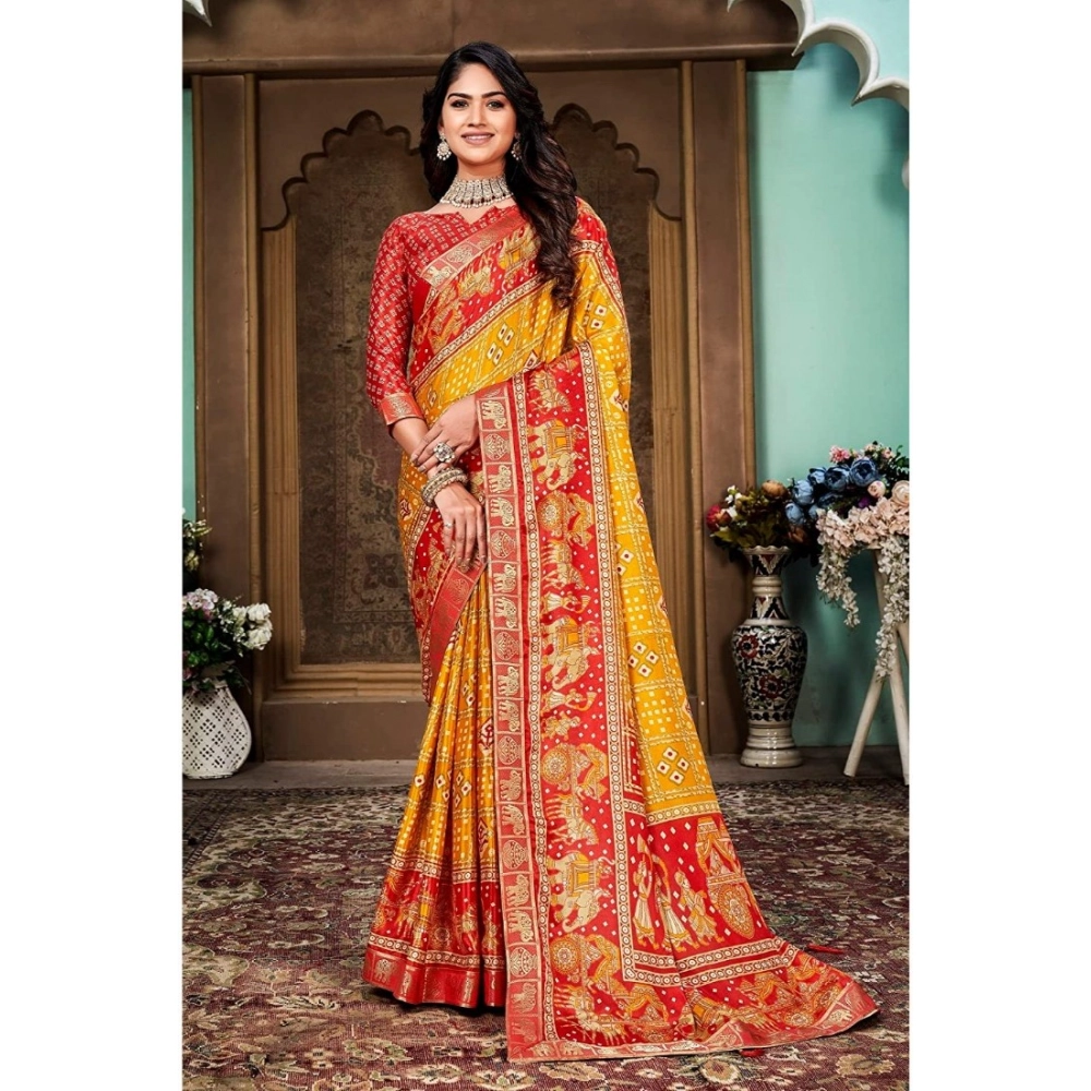 Women's Soft Silk Printed Saree With Unstitched Blouse (Yellow, 5-6 Mtrs)