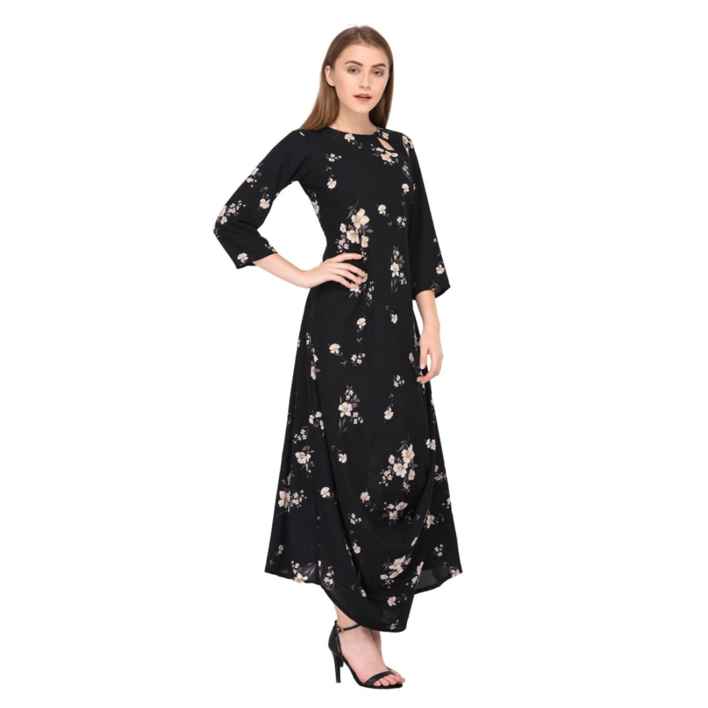 Women's Cotton Blend Abstract Full Sleeves Dress (Black) - Image 2