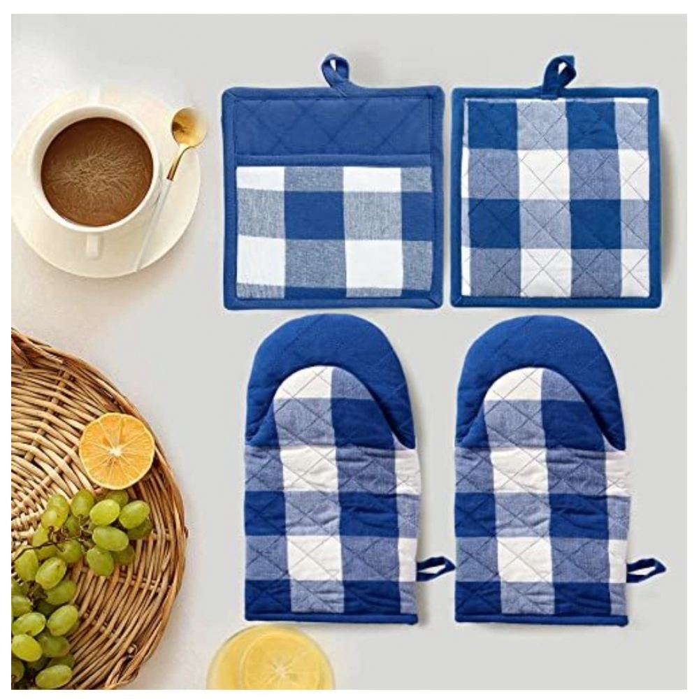 Checked Cotton Oven Mitten and Pot Holder Sets (Blue) - Image 5