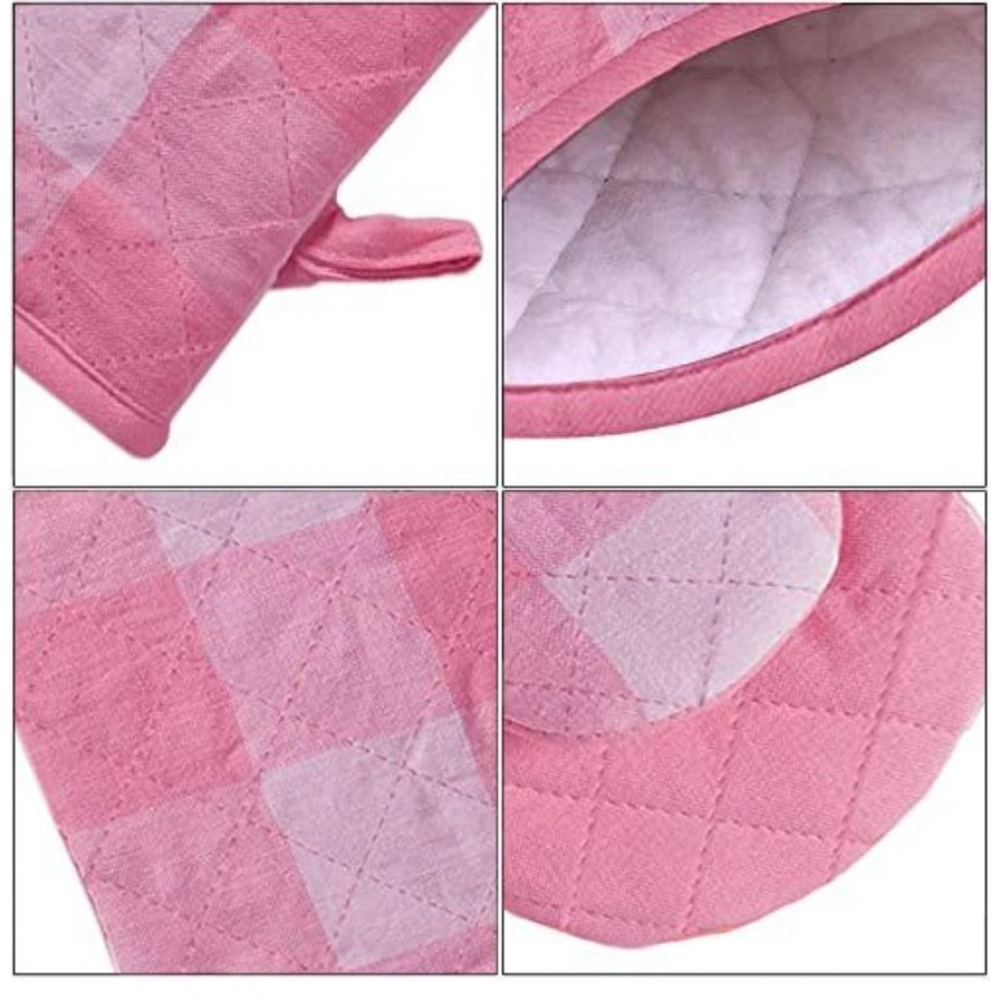 Checked Cotton Oven Mitten and Pot Holder Sets (Pink) - Image 3