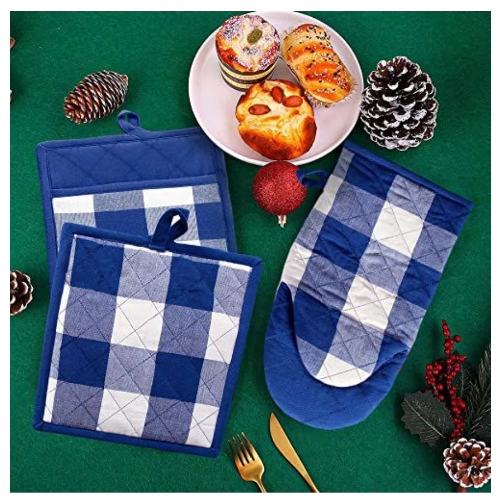 Checked Cotton Oven Mitten and Pot Holder Sets (Blue) - Image 2