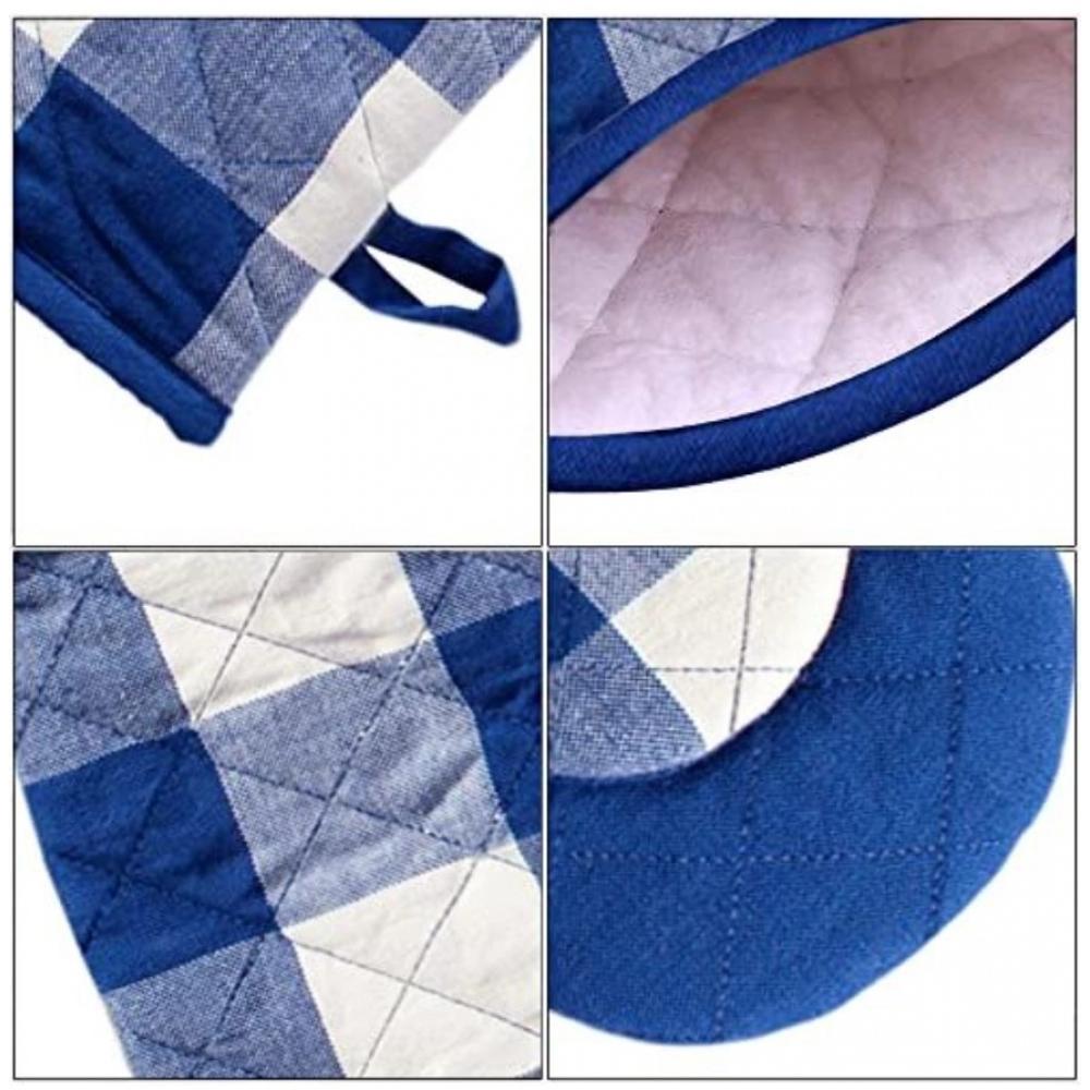 Checked Cotton Oven Mitten and Pot Holder Sets (Blue) - Image 3