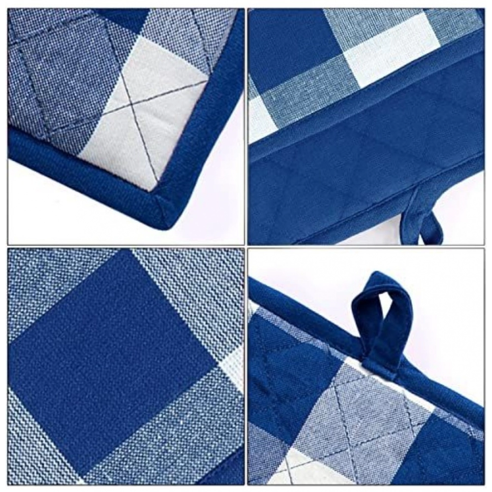 Checked Cotton Oven Mitten and Pot Holder Sets (Blue) - Image 4