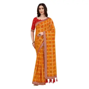 Women's Soft Silk Printed Saree With Unstitched Blouse (Mustard, 5-6 Mtrs)