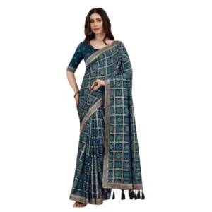 Women's Soft Silk Printed Saree With Unstitched Blouse (Teal, 5-6 Mtrs)