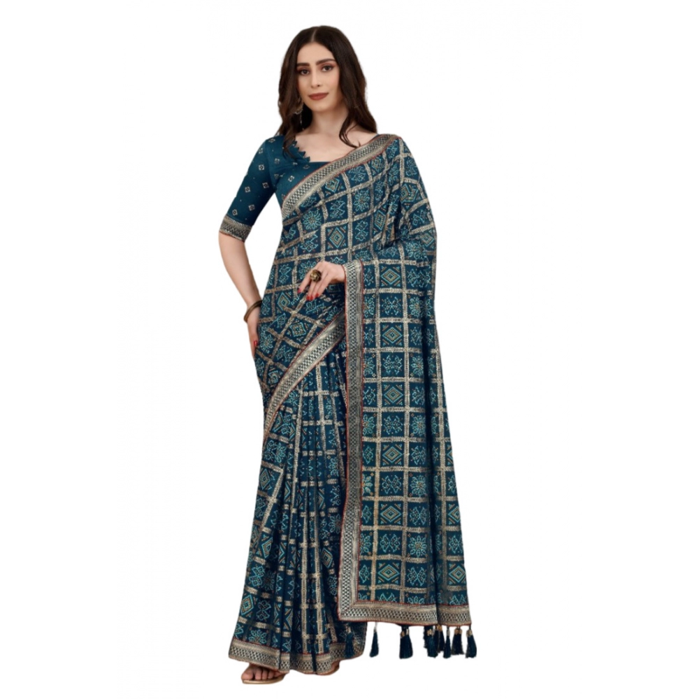 Women's Soft Silk Printed Saree With Unstitched Blouse (Teal, 5-6 Mtrs)