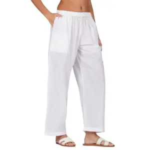 Women's Casual Cotton Cambric Solid Elastic Palazzo Trousers (White)