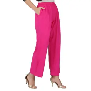 Women's Casual Cotton Cambric Solid Elastic Palazzo Trousers (Pink)