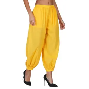 Women's Casual Cotton Cambric Solid Elastic Waist Patiala Harem Pants (Yellow)