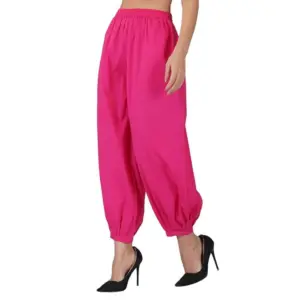 Women's Casual Cotton Cambric Solid Elastic Waist Patiala Harem Pants (Pink)