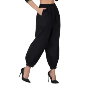 Women's Casual Cotton Cambric Solid Elastic Waist Patiala Harem Pants (Black)
