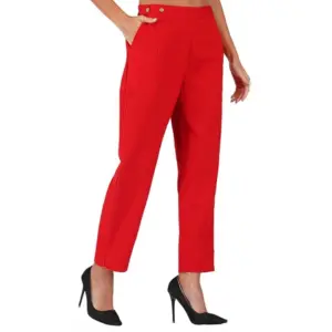 Women's Casual Cotton Flax Solid Adjustable Waist Trouser Pants (Red)