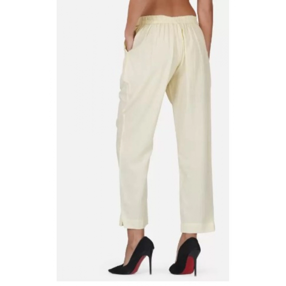 Women's Casual Cotton Flax Solid Adjustable Waist Trouser Pants (Cream) - Image 3