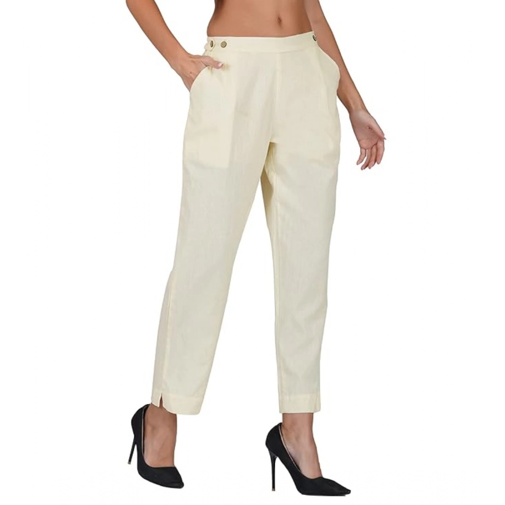 Women's Casual Cotton Flax Solid Adjustable Waist Trouser Pants (Cream)