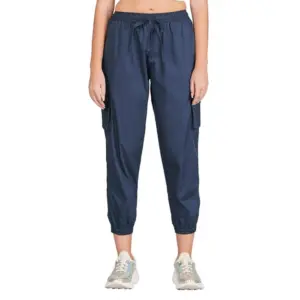 Women's Casual Cotton Solid Elastic with Drawstring Cargo Pants (Navy Blue)