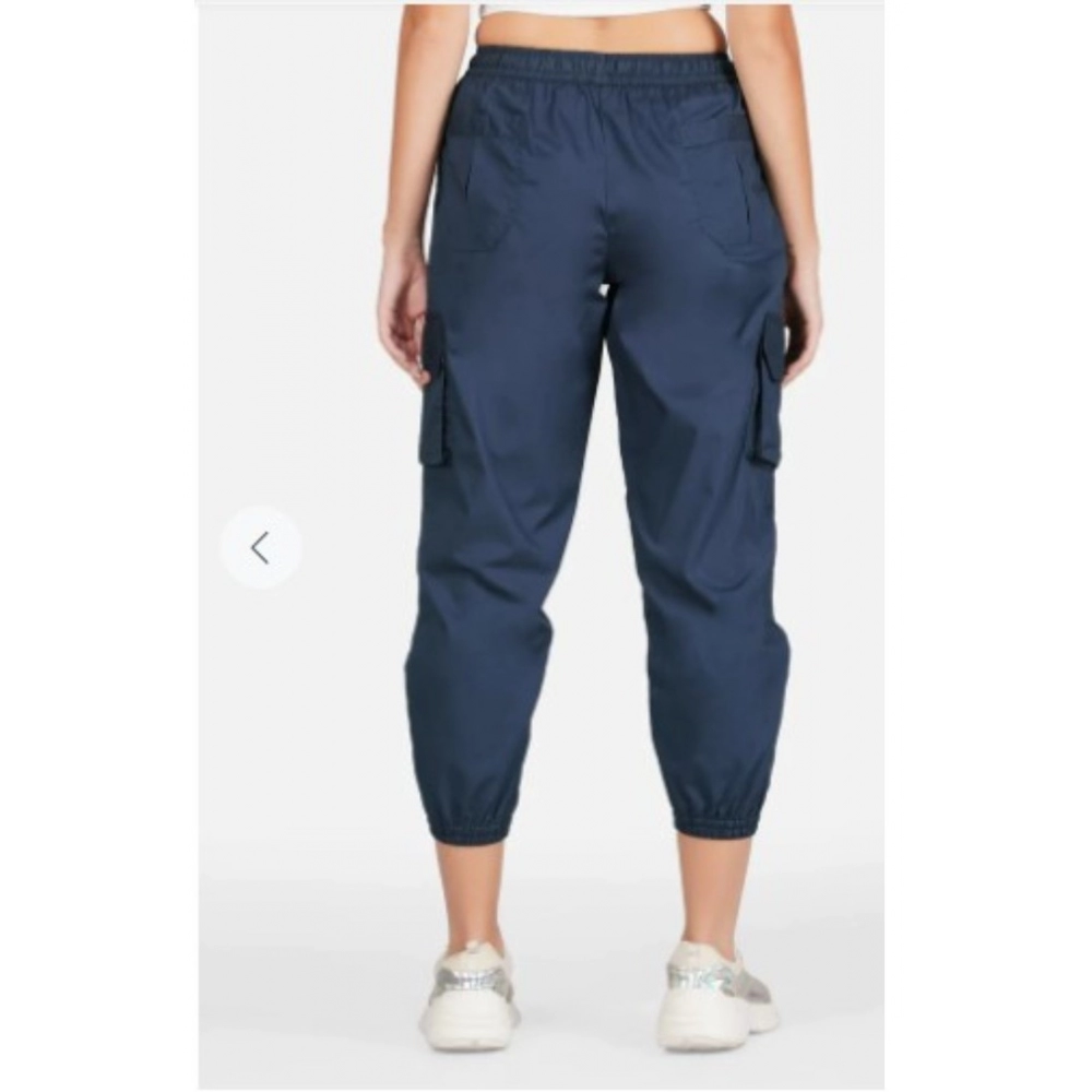 Women's Casual Cotton Solid Elastic with Drawstring Cargo Pants (Navy Blue) - Image 3